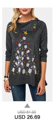 Button Embellished Penguin Print Long Sleeve Christmas T Shirt