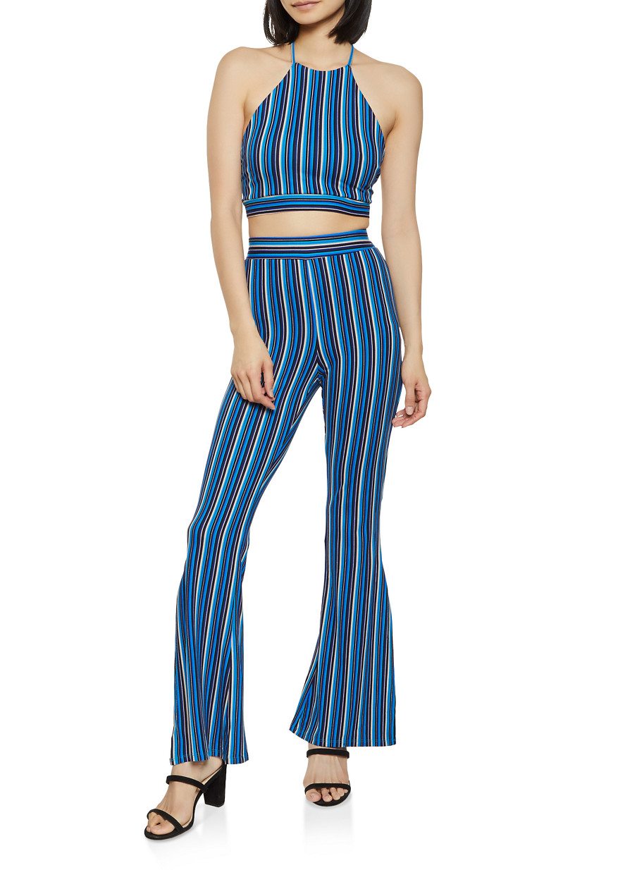 Striped Halter Top and Flared Pants Set