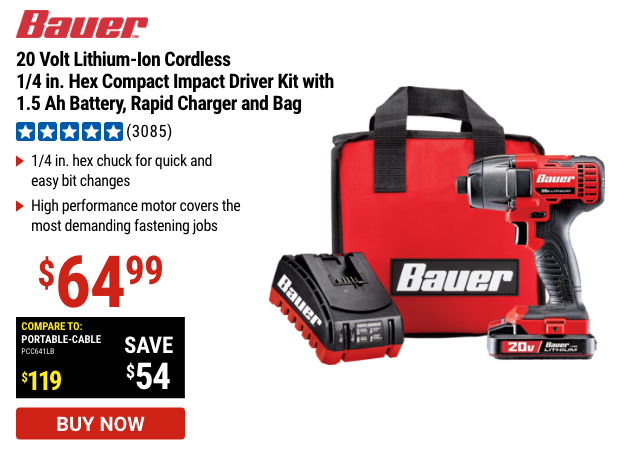 20 Volt Lithium-Ion Cordless 1/4 in. Hex Compact Impact Driver Kit with 1.5 Ah Battery, Rapid Charger and Bag