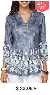 Split Neck Button Detail Printed Pleated Blouse