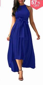 Royal Blue Cardigan and Belted Asymmetric Hem Dress