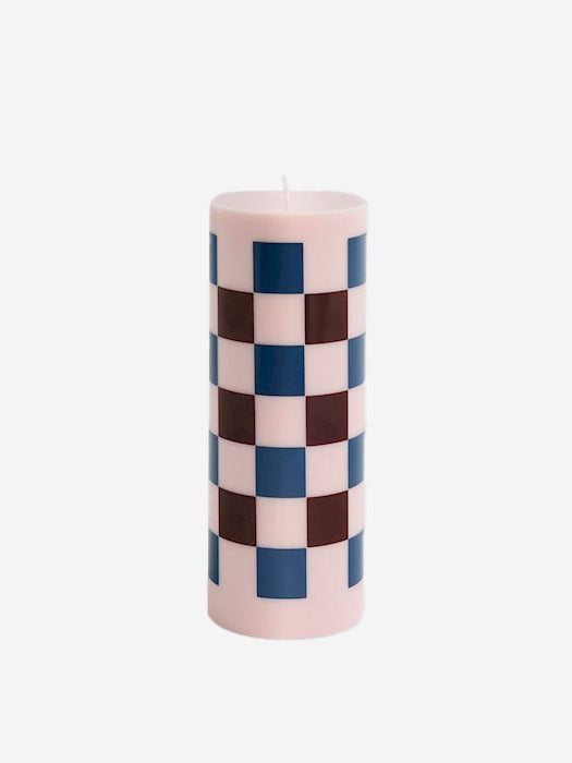 Image of HAY Column Candle Large - Light Pink, Bordeaux And Dark Blue Check