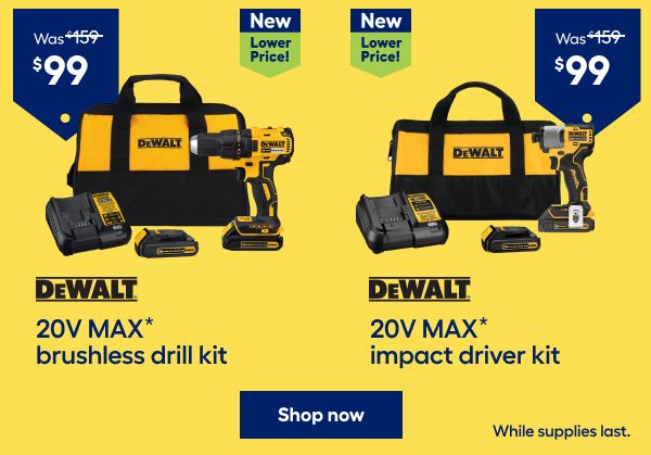 DEWALT 20V MAX brushless drill kit or DEWALT 20V MAX Impact driver kit.