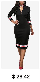 Striped Hem Zipper Front Black Sheath Dress