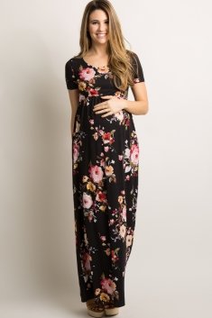 Black Floral Short Sleeve Maternity Maxi Dress