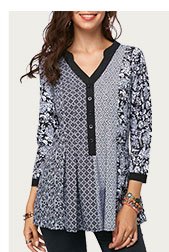 Split Neck Three Quarter Sleeve Printed Blouse