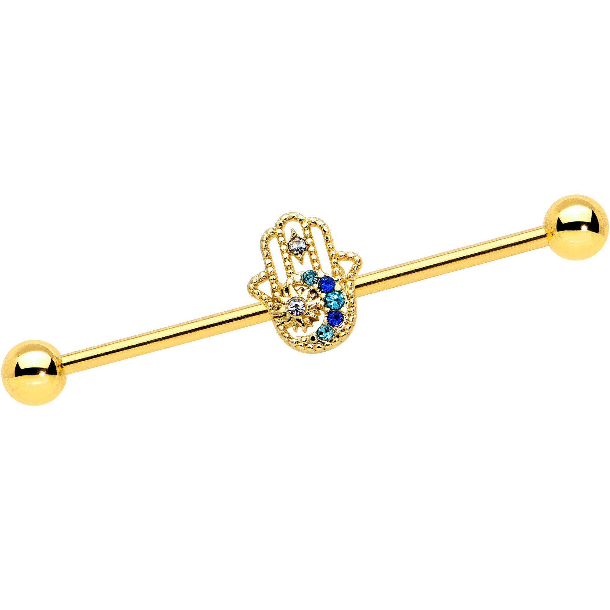 Image of 14 Gauge Blue Gem Gold Tone Texture Hamsa Hand Industrial Barbell 38mm