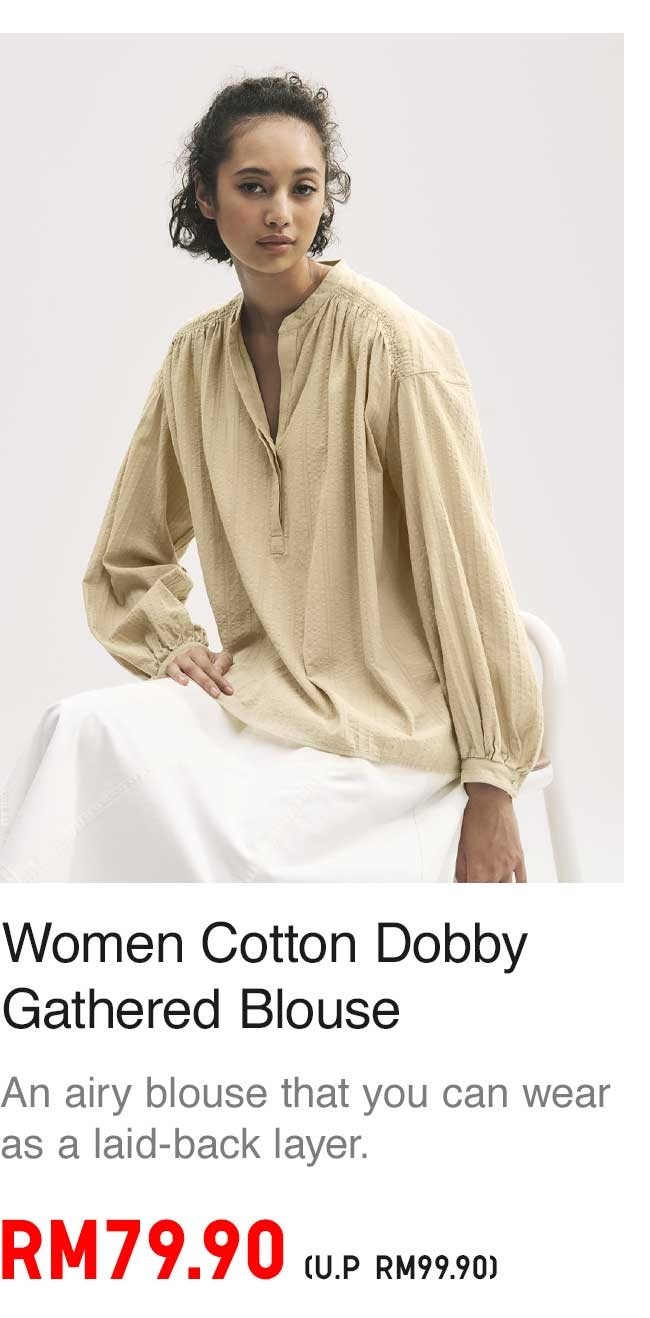 WOMEN COTTON DOBBY GATHERED BLOUSE