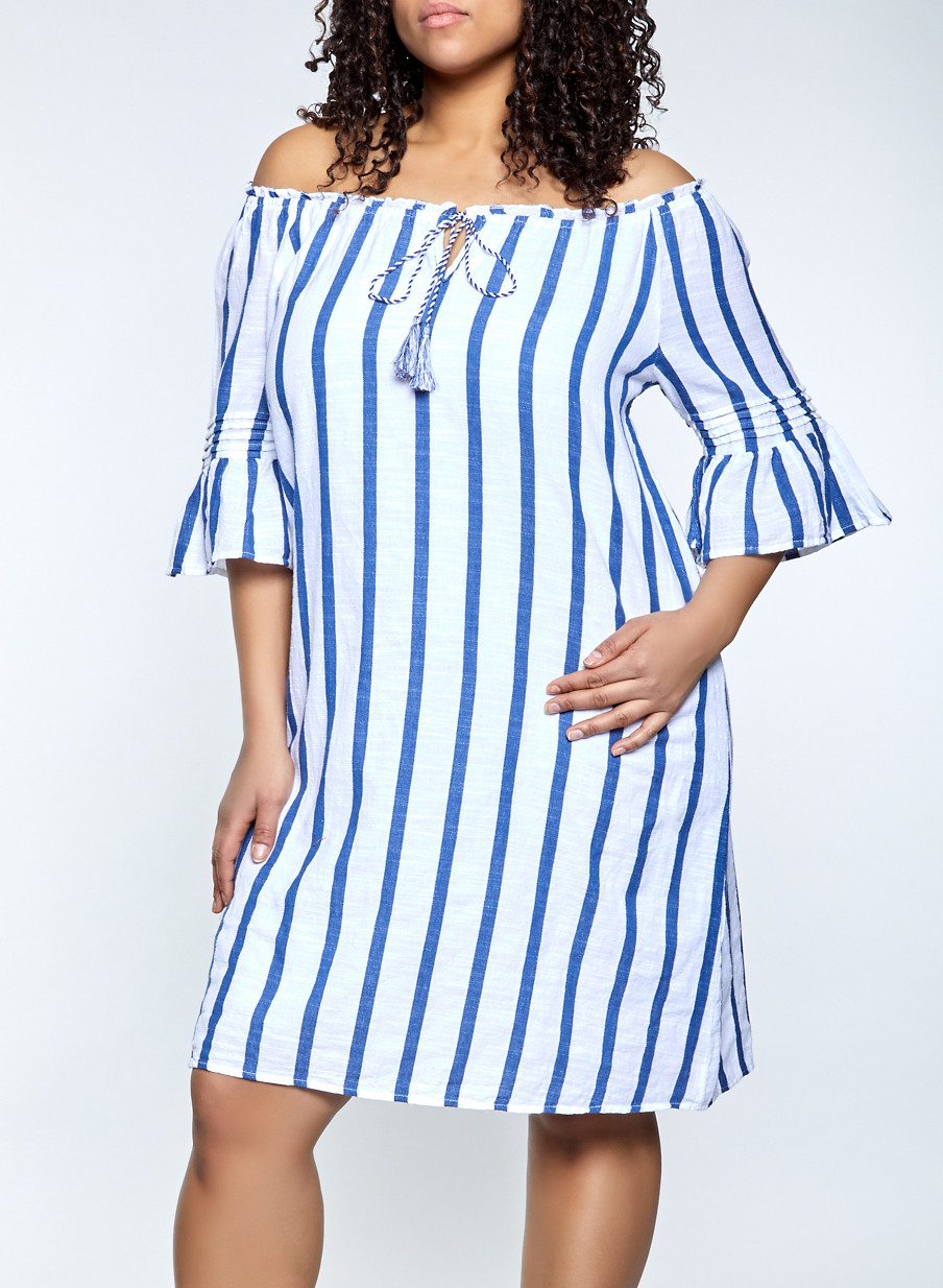 Plus Size Off the Shoulder Striped Shift Dress