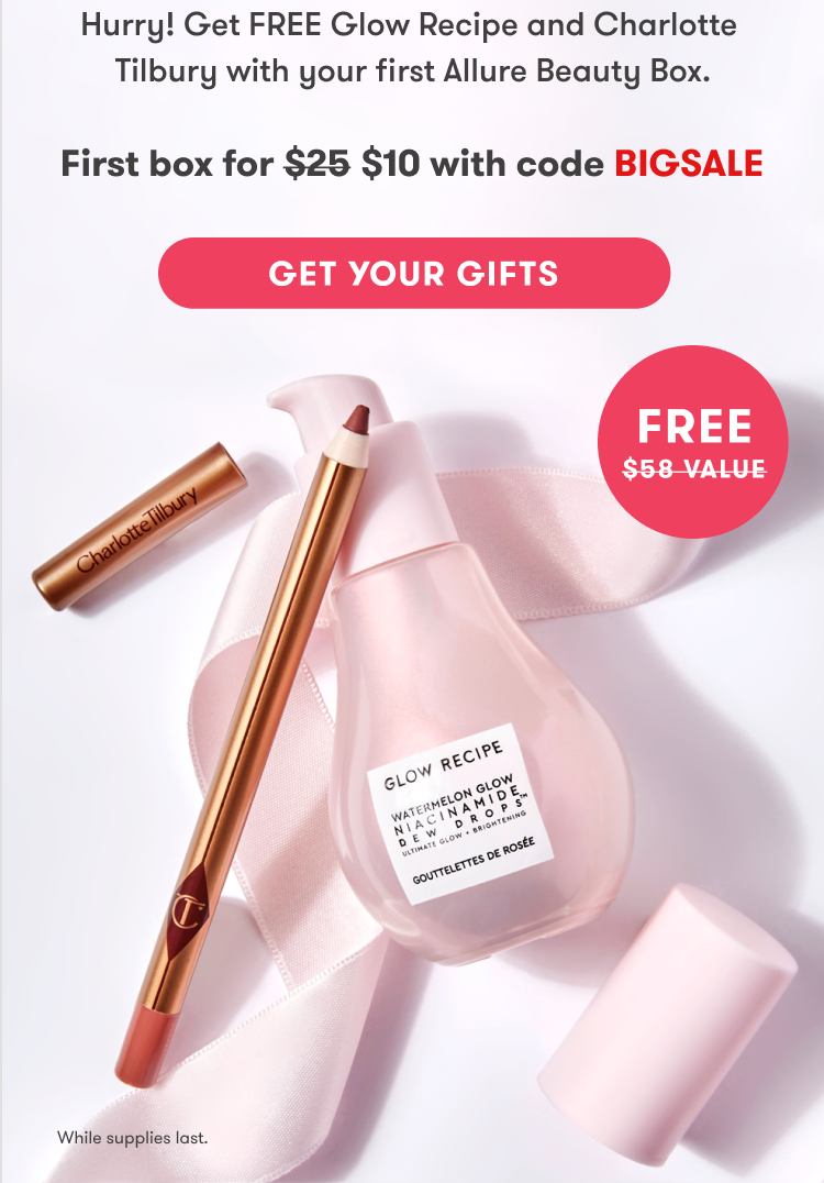 Black Friday, Two free gifts. Hurry! Get FREE Glow Recipe and Charlotte Tilbury with your first Allure Beauty Box. Get your first box for $10 with code BIGSALE. GET YOUR GIFTS