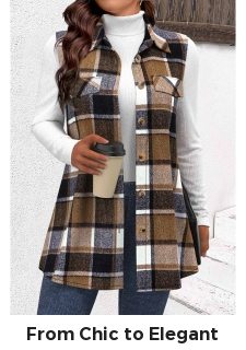 Dark Camel Patchwork Plaid Sleeveless Shirt Collar Waistcoat