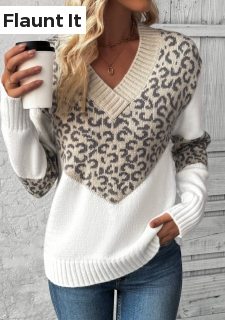 Light Camel Patchwork Leopard Long Sleeve V Neck Sweater