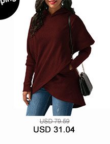 Long Sleeve Asymmetric Hem Wine Red Pocket Hoodie