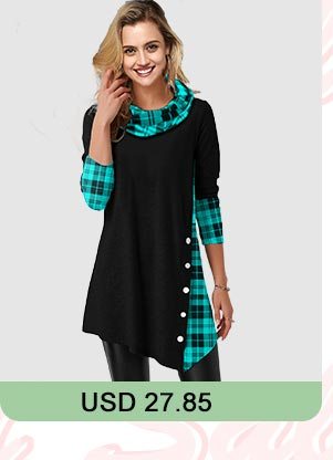 Cowl Neck Plaid Print Asymmetric Hem T Shirt