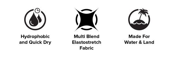 Hydrophobic, quick dry properties, Elastostretch fabric and Made For Water and Land