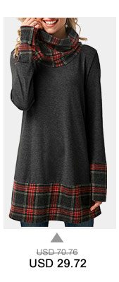 Plaid Cowl Neck Patchwork Dark Grey T Shirt