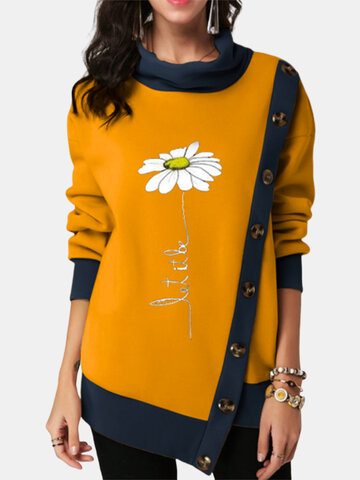 Flower Print Button Asymmetrical Sweatshirt
