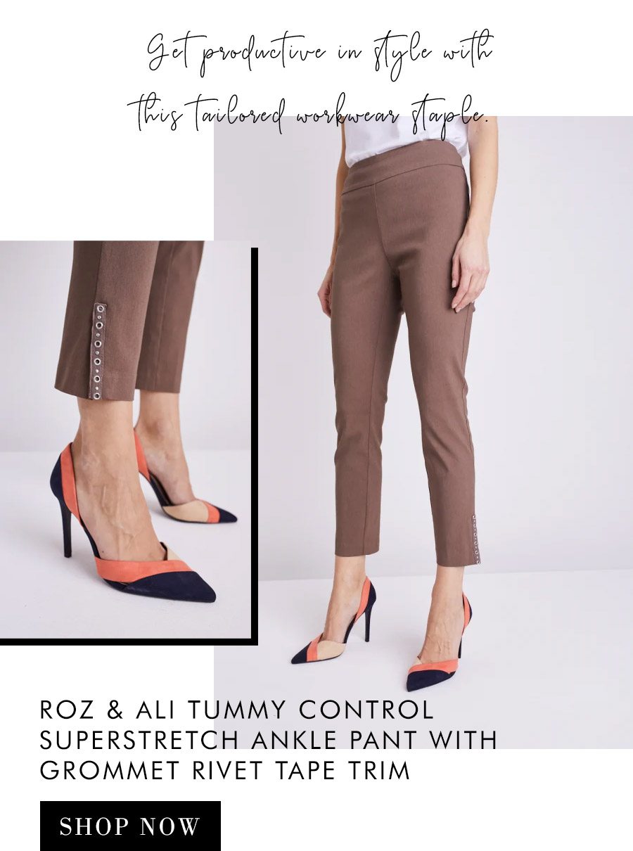 ROZ & ALI TUMMY CONTROL SUPERSTRETCH ANKLE PANT WITH GROMMET RIVET TAPE TRIM
