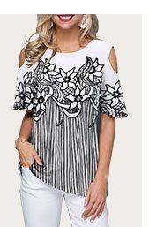 Flower Print Cold Shoulder Striped Blouse