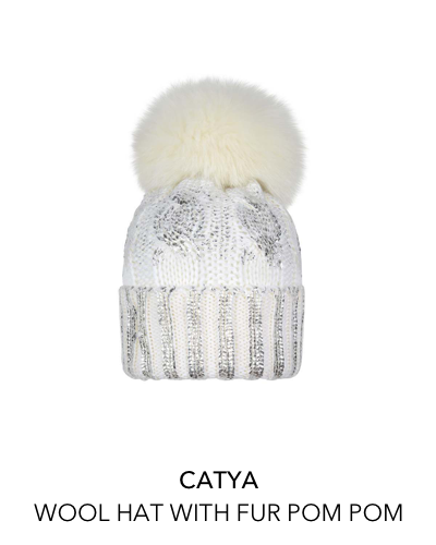 IVORY &amp; SILVER COATED WOOL HAT WITH FUR POM POM 