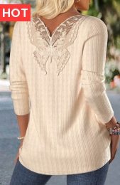 Beige Lace Long Sleeve Round Neck T Shirt