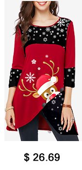 Asymmetric Hem Elk Print Christmas T Shirt