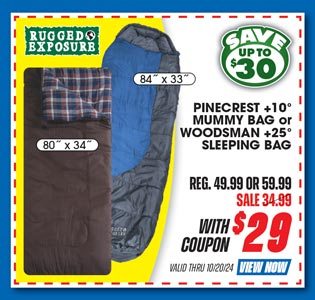 Rugged Exposure Pinecrest +10° Mummy Bag or Woodsman +25° Sleeping Bag