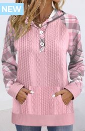 ROTITA Button Plaid Pink Long Sleeve Hoodie