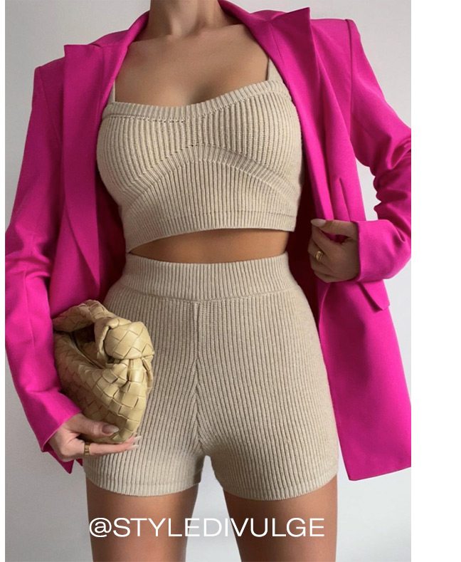 ASSUNDA RIBBED KNIT CROP TOP AND SHORT TWO PIECE SET IN SAND