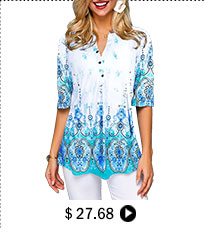 Tribal Print Split Neck Button Front Blouse