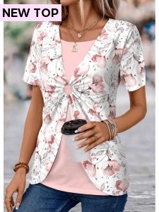 ROTITA Fake 2in1 Floral Print Light Pink T Shirt