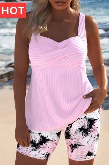 Surplice Feathers Print Light Pink Tankini Set