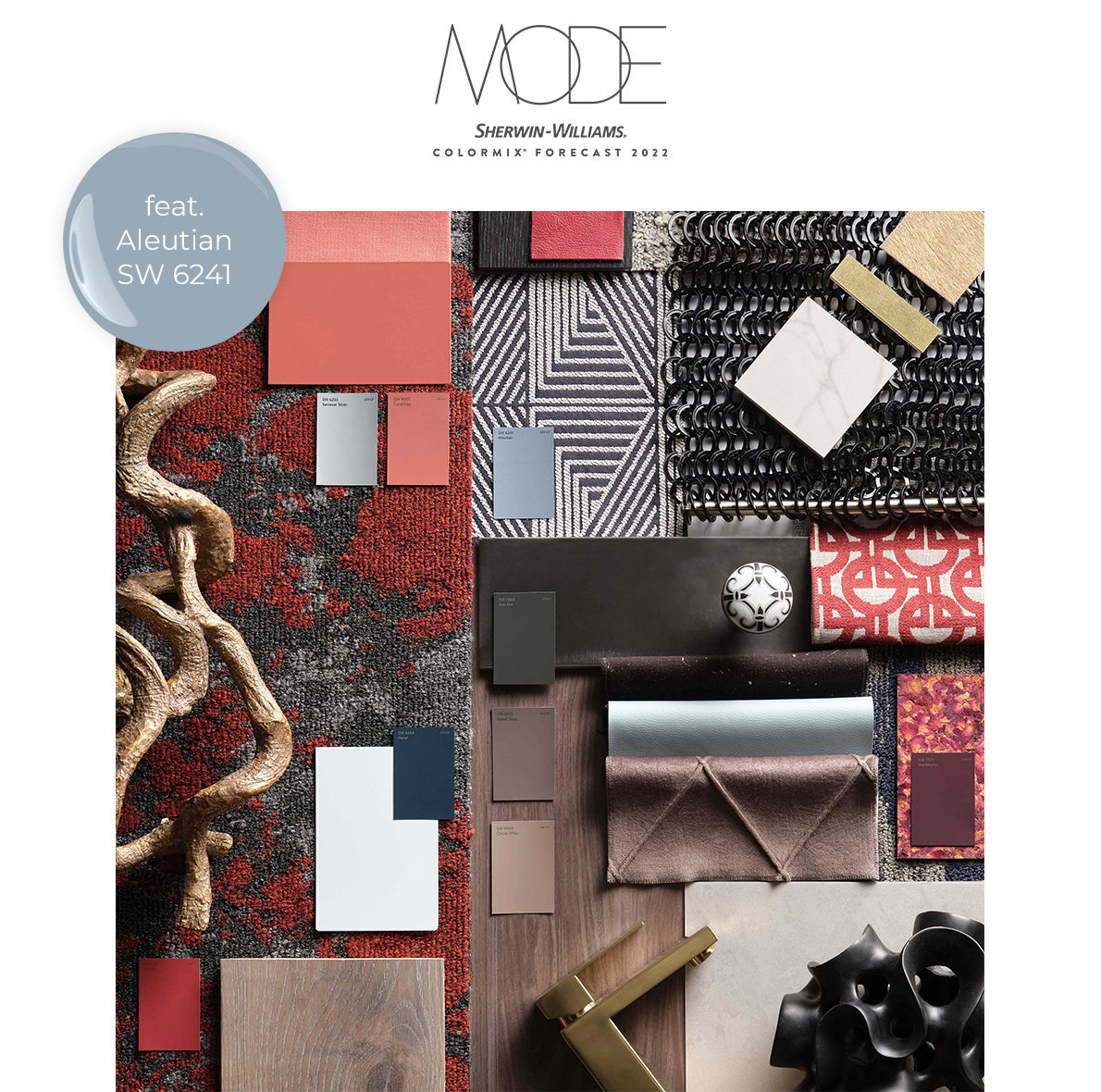 MODE, Sherwin-Williams Colormix Forecast 2022. Image of a mood board feat. Aleutian SW 6241.