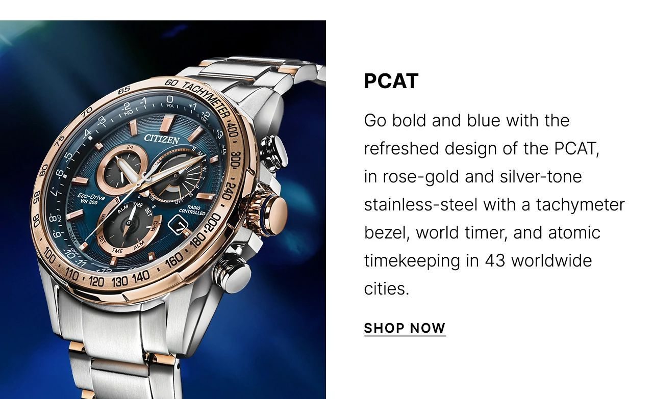Go bold and blue with the refreshed design of the PCAT, in rose-gold and silver-tone stainless-steel with a tachymeter bezel, world timer, and atomic timekeeping in 43 worldwide cities.