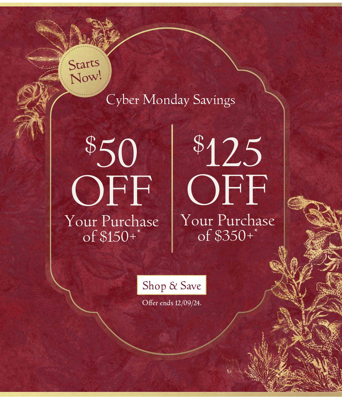 STARTS NOW! Cyber Monday Savings: $50 off Your Purchase of $150+* OR $125 off Your Purchase of $350+* | Shop & Save | Offer ends 12/09/24