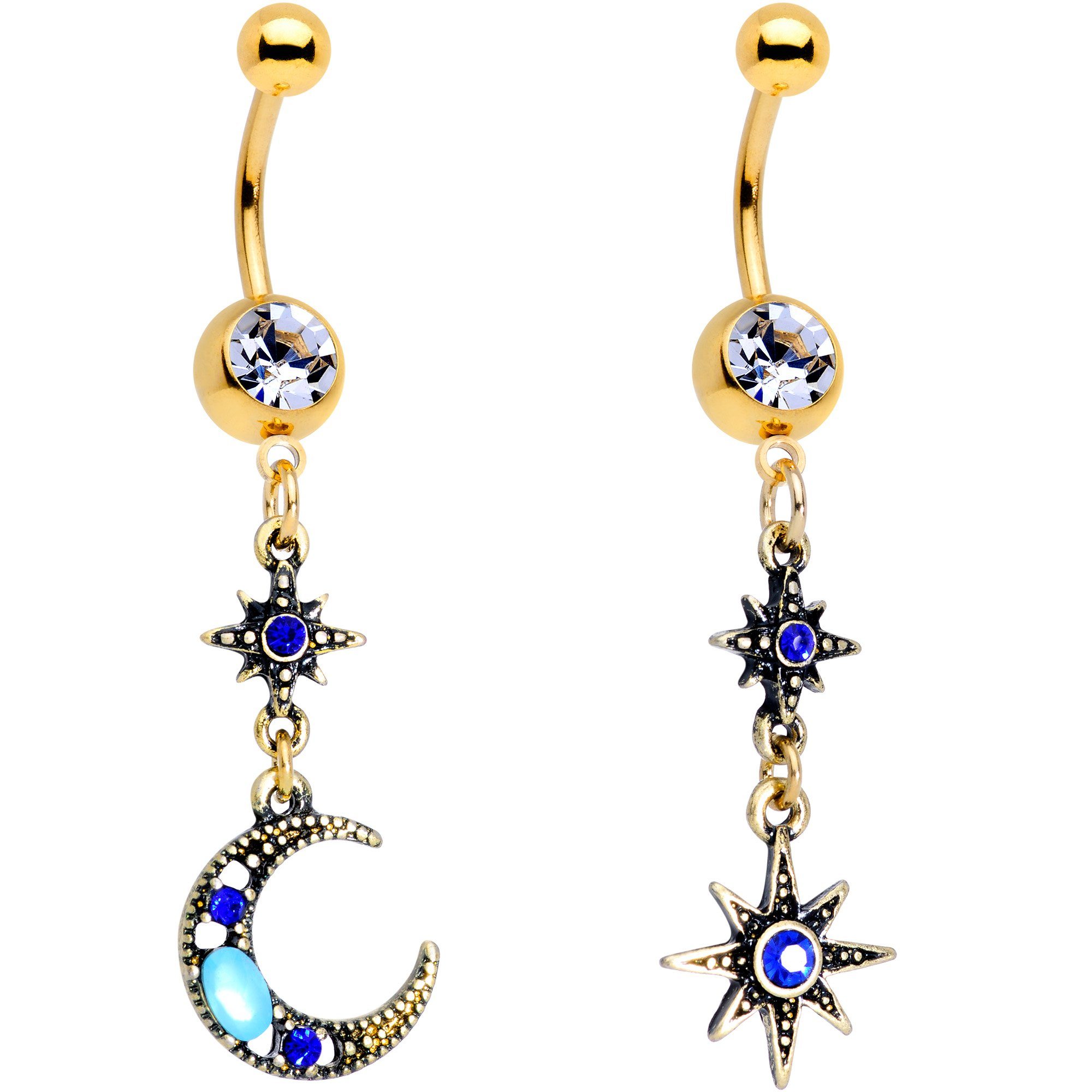 Blue Gem Gold PVD Blue Celestial Moon Star Dangle Belly Ring Set of 2