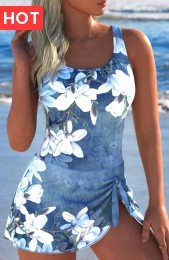 Tie Floral Print Denim Blue One Piece Swimdress