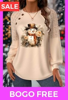 Christmas Skin Color Lace Long Sleeve Round Neck Sweatshirt