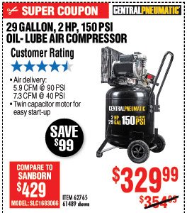 29 gal. 2 HP 150 PSI Cast Iron Vertical Air Compressor