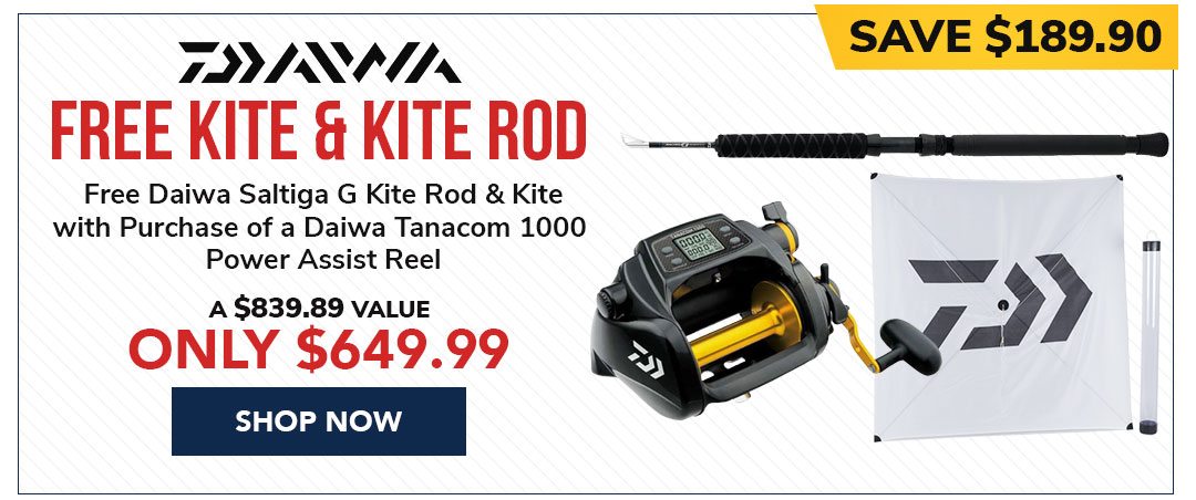 Free Kite & Kite Rod with Purchase of a Daiwa Tanacom 1000 Power Assist Reel
