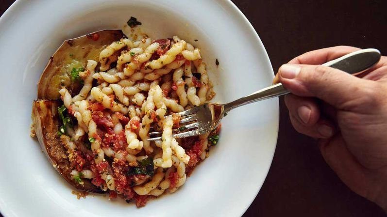 Corkscrew Pasta with Eggplant and Tomato-Basil Pesto (Busiate con Pesto alla Trapanese)