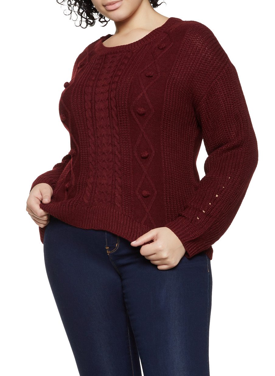 Plus Size Cable Knit Pom Pom Sweater