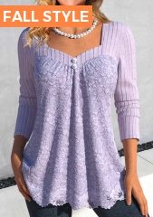 ROTITA Lace Light Purple Heart Collar Long Sleeve T Shirt