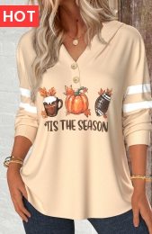 Halloween Light Camel Button Pumpkin Print Long Sleeve Hoodie