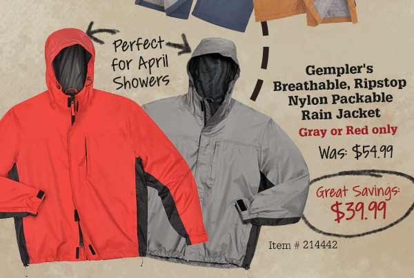 Gempler's Breathable, Ripstop Nylon Packable Rain Jacket Gray or Red only Was: $54.99 Great Savings:$39.99 