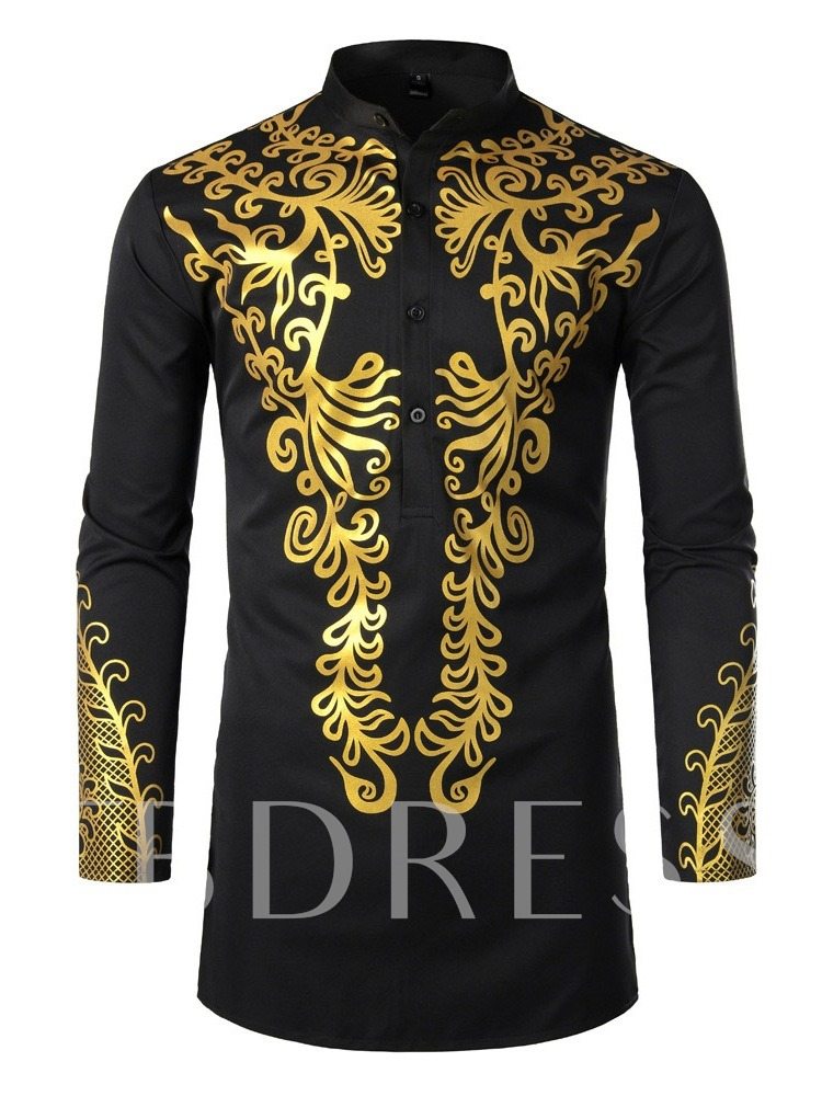 African Fashion Stand Collar African Ethnic Style Color Block Button Fall Men's Shirt