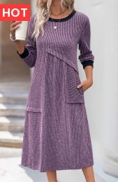 Dusty Purple Patchwork A Line Long Sleeve Dress