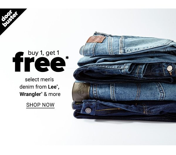 Buy 1, Get 1 Free select Mens Denim from Lee, Wrangler & more - Shop Now