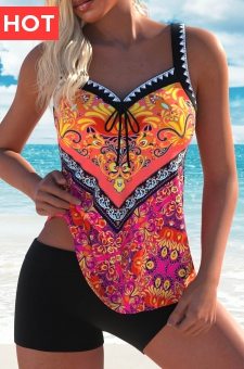 Bowknot Tribal Print Multi Color Tankini Top