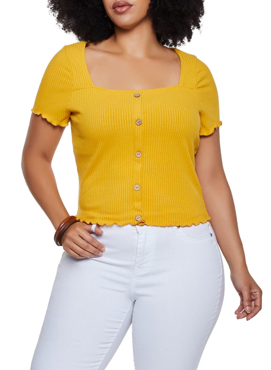 Plus Size Rib Knit Button Detail Top